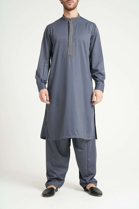 Burooj Men's Grey Embroidered Shalwar Kameez Regular Fit