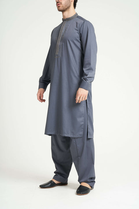 Burooj Men's Grey Embroidered Shalwar Kameez Regular Fit
