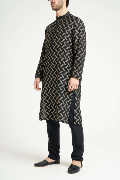 Burooj Man Black Chevron Kurta Trouser Regular Fit