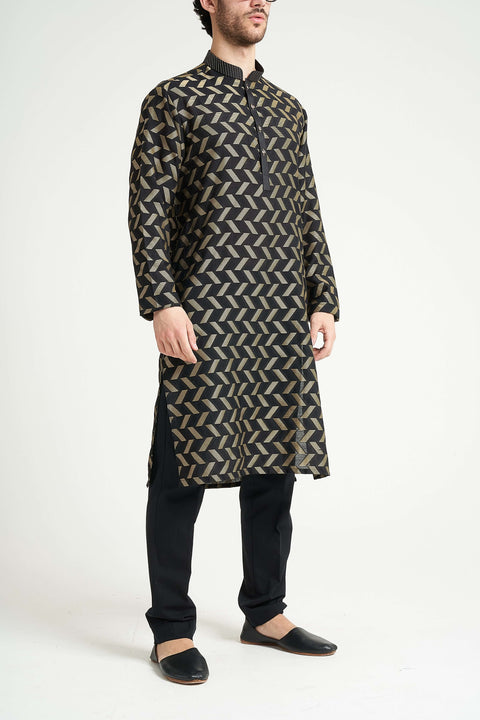 Burooj Man Black Chevron Kurta Trouser Regular Fit