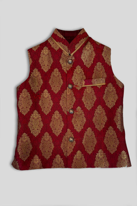 Burooj Kids Red Jamawar Waistcoat Red