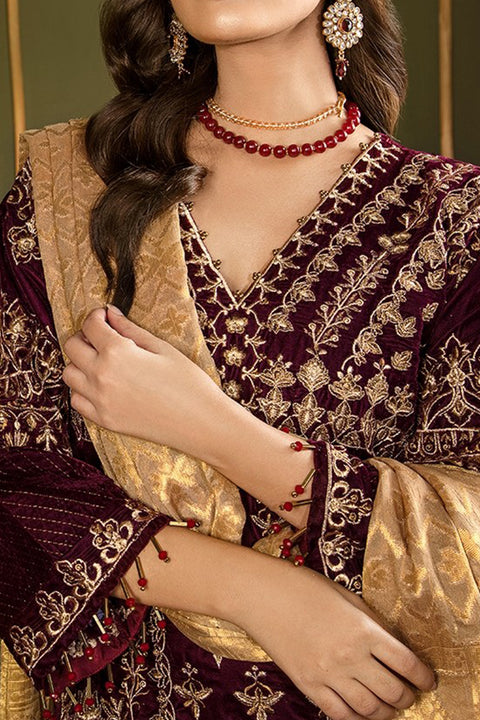 Burooj Woman Plum Velvet 3 pc Suit