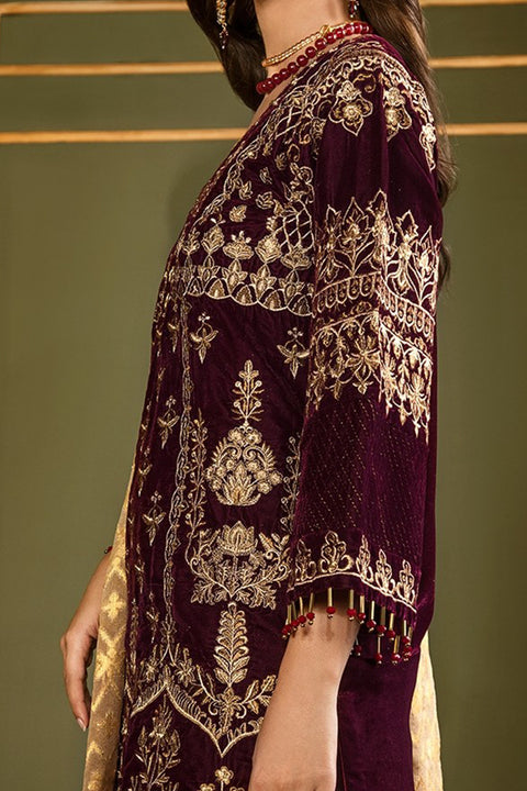 Burooj Woman Plum Velvet 3 pc Suit
