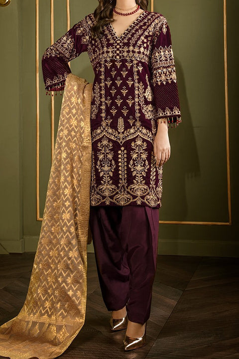 Burooj Woman Plum Velvet 3 pc Suit