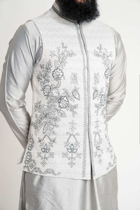 Burooj Men's Embroidered Motif Silver Waistcoat