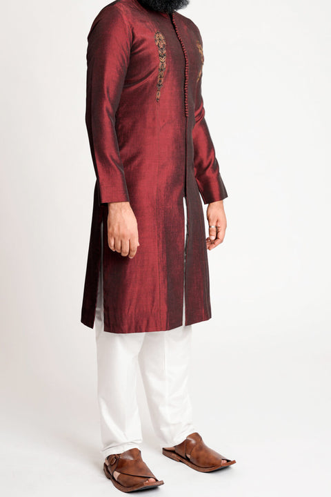 Burooj Men's Front Open Maroon Kurta