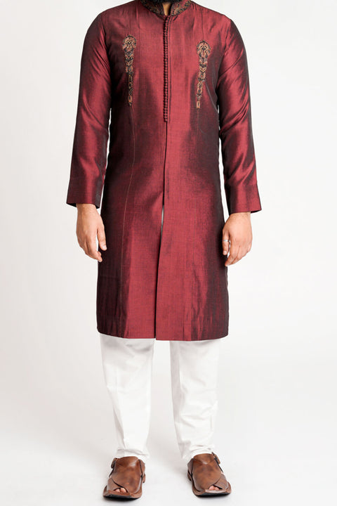 Burooj Men's Front Open Maroon Kurta