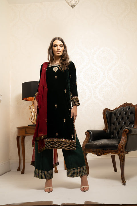 Burooj Couture  Formal Green Velvet 3 Piece suit