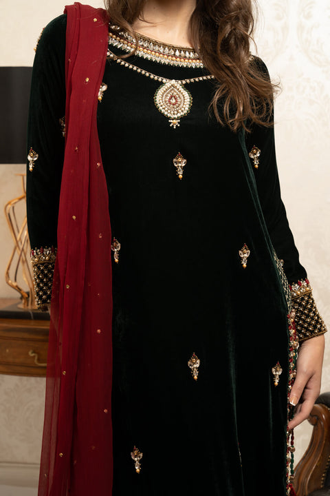 Burooj Couture  Formal Green Velvet 3 Piece suit