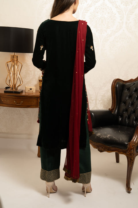 Burooj Couture  Formal Green Velvet 3 Piece suit