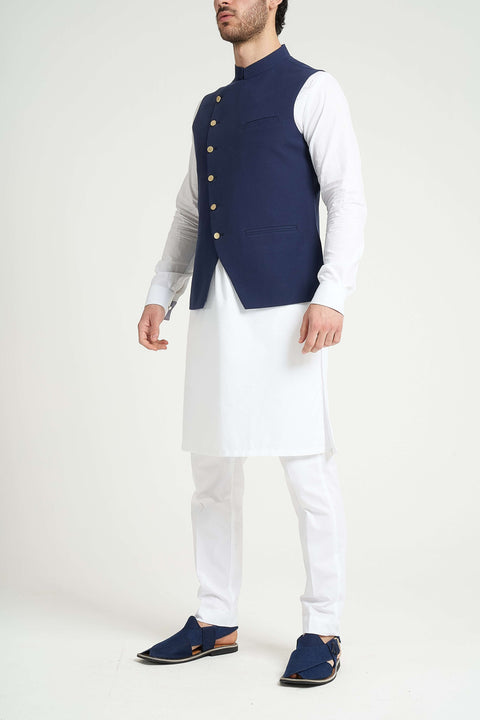 Burooj Man Angle Cut Ink Blue Khaddar Slim Fit Men's Waistcoat