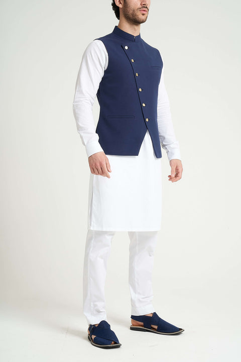 Burooj Man Angle Cut Ink Blue Khaddar Slim Fit Men's Waistcoat