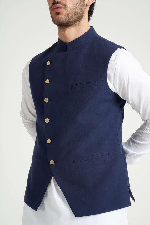 Burooj Man Angle Cut Ink Blue Khaddar Slim Fit Men's Waistcoat