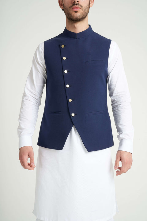 Burooj Man Angle Cut Ink Blue Khaddar Slim Fit Men's Waistcoat