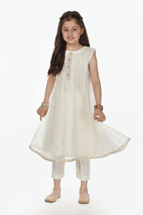 White Organza  Girls Dress/ Trouser 2pc