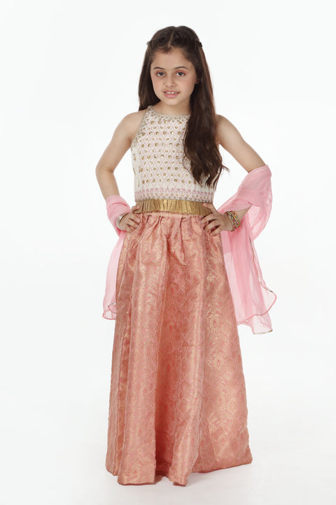 Cream & Pink Girls Top Lehnga & Dupata 3pc