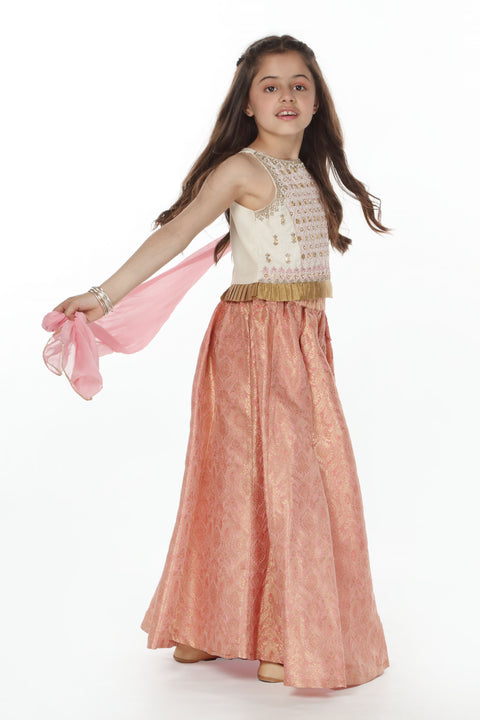 Cream & Pink Girls Top Lehnga & Dupata 3pc