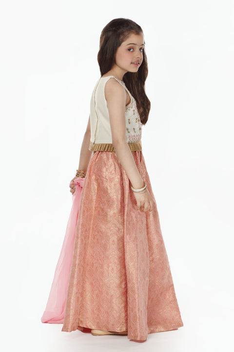 Cream & Pink Girls Top Lehnga & Dupata 3pc