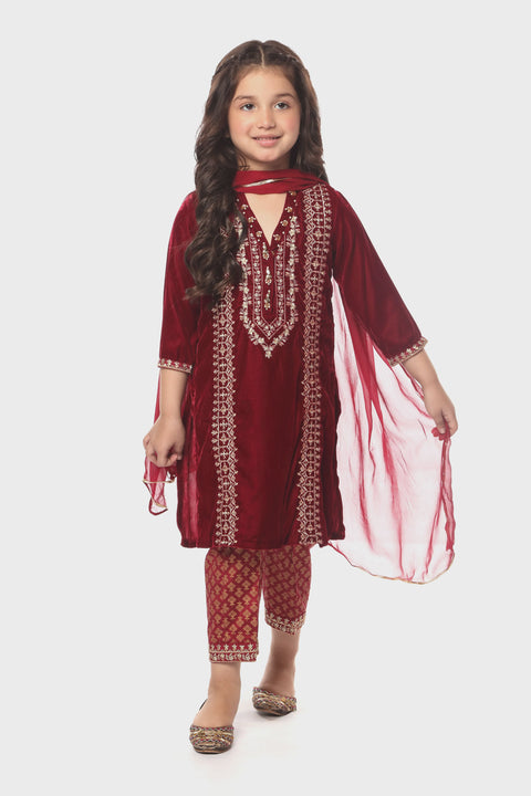 Red Velvet Kameez, Trouser & Dupatta