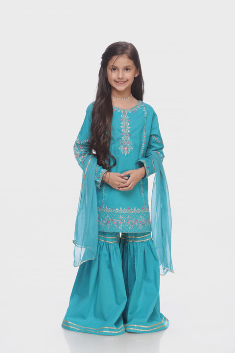 Girls Blue Kameez Ghararah  & Dupata 3 pc