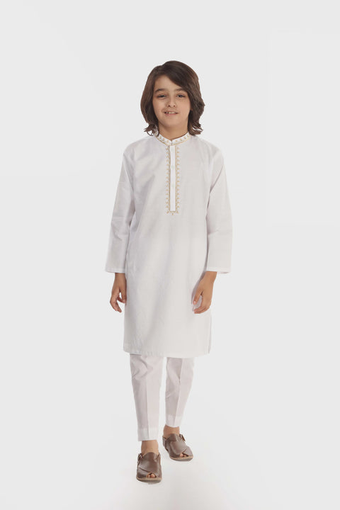 Boys White Self Jacquard Kameez Trouser 2pc