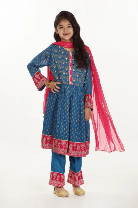 Blue Girls Chiffion Kameez Trouser & Dupatta