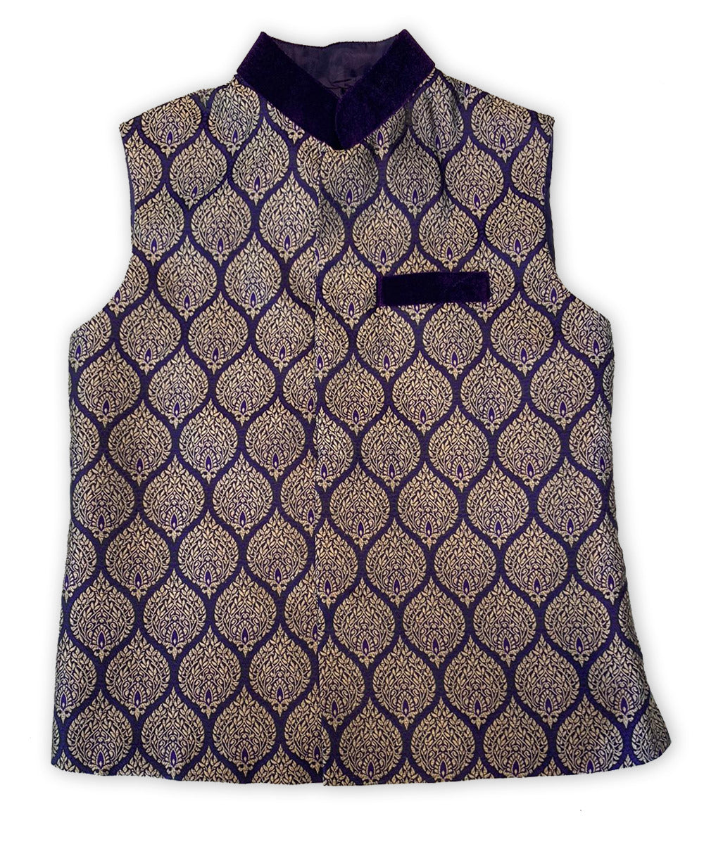 Burooj Kids Purple Printed Jamawar Waistcoat– Burooj Online - Main Image