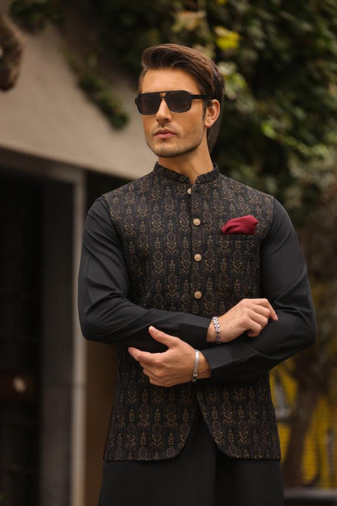 Burooj Man Black & Gold Embroidered Men's Waistcoat Slim Fit