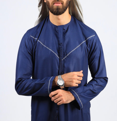 Burooj Classic Emirati Navy Blue Contrast Stitch  Thobe / Jubbah