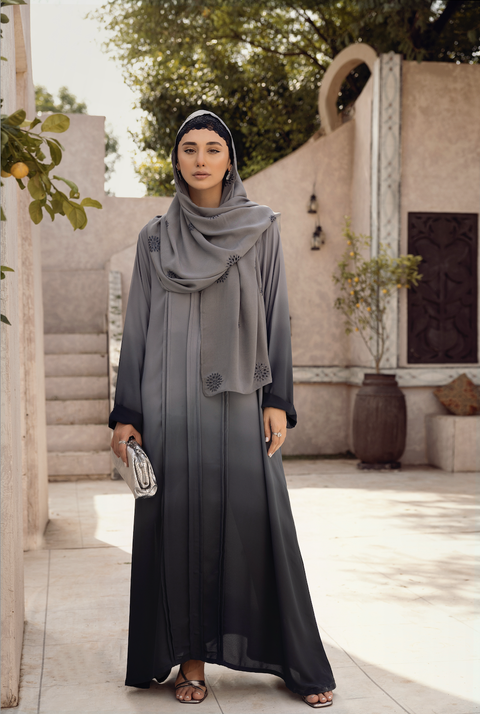 Grey Georgette Tie & Dye Abaya With Wool Chiffon Embroidered Scarf.