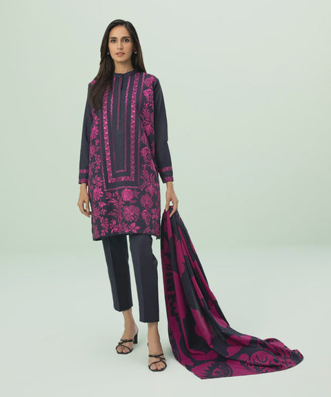 Sapphire 3 Piece Navy & Pink Embroidered Khaddar Suit
