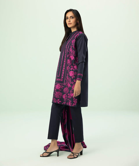 Sapphire 3 Piece Navy & Pink Embroidered Khaddar Suit
