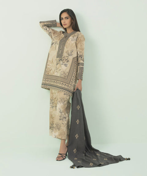 Sapphire 3 Piece - Embroidered Khaddar Suit with Shawl