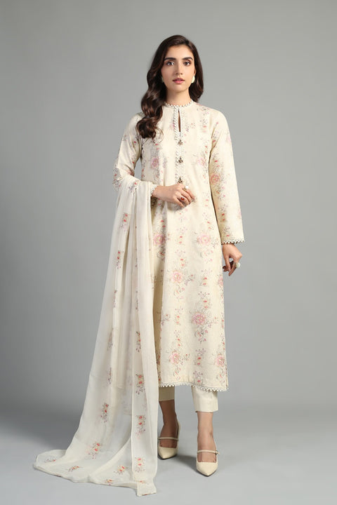 Bareeze Unstitched Off White L Karandi 3pc Floral Art 3pc