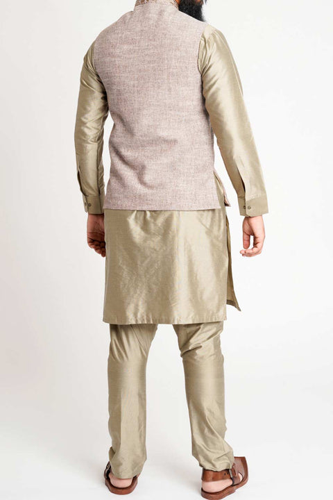 Burooj Men's Thread Embroidered light Brown Waistcoat