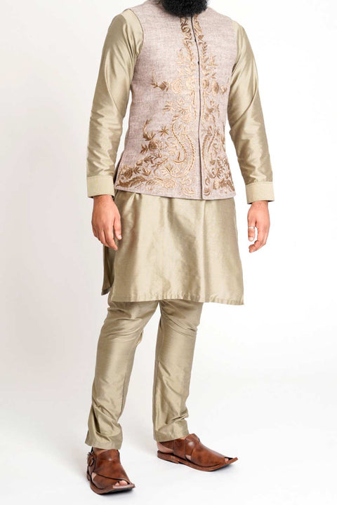 Burooj Men's Thread Embroidered light Brown Waistcoat