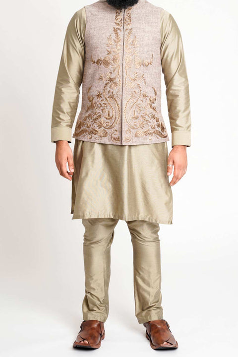 Burooj Men's Thread Embroidered light Brown Waistcoat