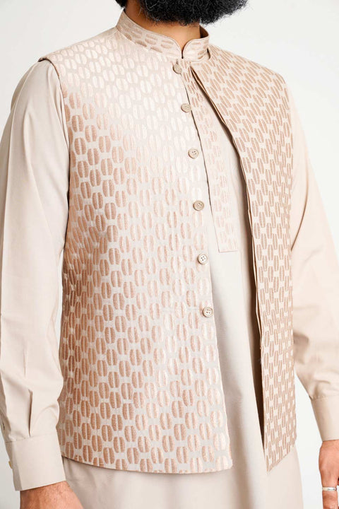 Burooj Men's Embroidered Brown Waistcoat 3 pc Suit