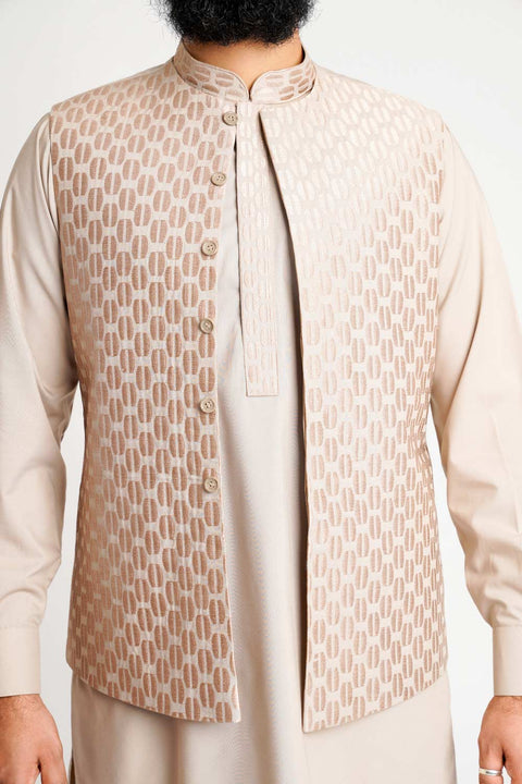 Burooj Men's Embroidered Brown Waistcoat 3 pc Suit