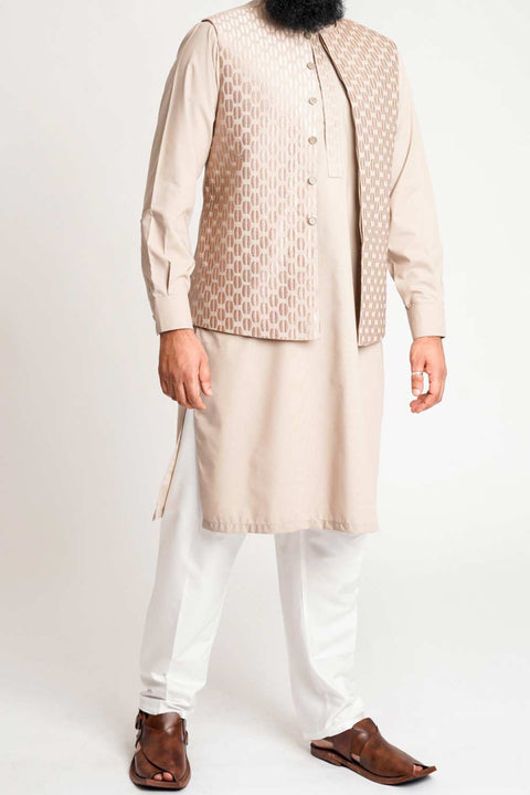 Burooj Men's Embroidered Brown Waistcoat 3 pc Suit