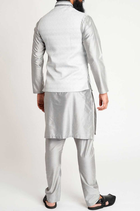 Burooj Men's Embroidered Motif Silver Waistcoat