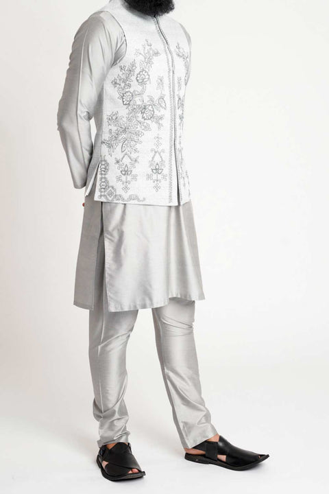 Burooj Men's Embroidered Motif Silver Waistcoat