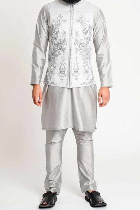 Burooj Men's Embroidered Motif Silver Waistcoat