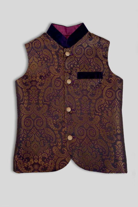 Burooj Kids Purple Jamawar Waistcoat