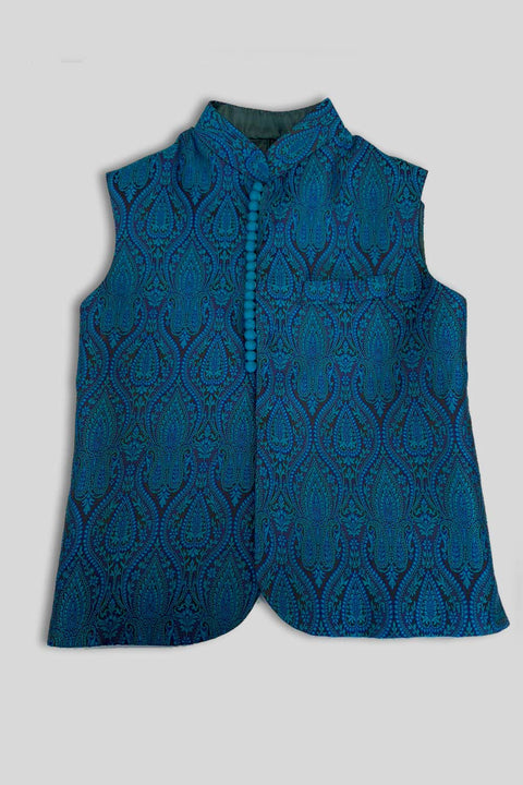 Burooj Kids Teal Printed Jamawar Waistcoat