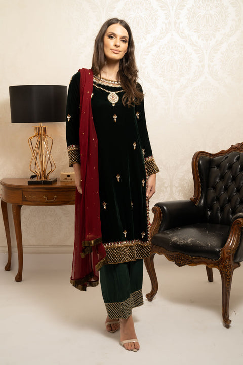 Burooj Couture  Formal Green Velvet 3 Piece suit