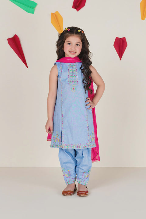 Girls Blue Chambery Shalwar Kameez & Dupatta 3pc