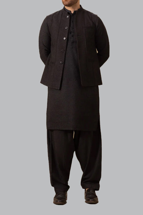 Burooj Man Black Wool Blended Pleated Waistcoat Regular Fit