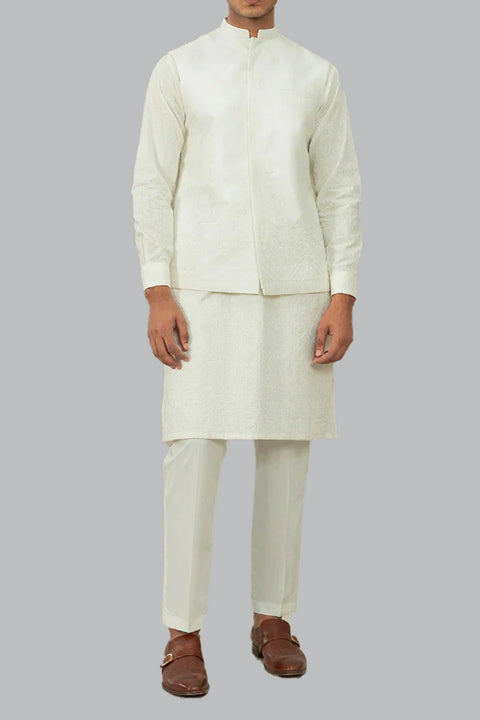 Burooj Man White Schiffli embroidered Waistcoat Regular Fit