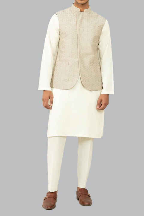 Burooj Man Beige Schiffli Embroidered Waistcoat Regular Fit